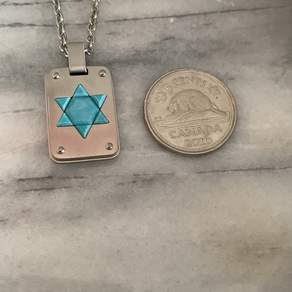Turquoise and Stainless Steel Star of David Dog Tag On 20” Chain - Picture 3 of 5